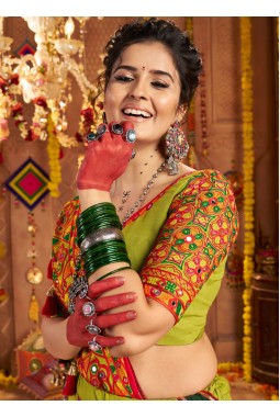 Florescent Green Viscose Cotton Thread Embroidered Navratri Chaniya Choli