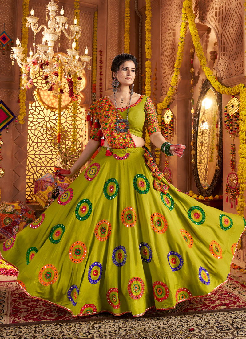 Florescent Green Viscose Cotton Thread Embroidered Navratri Chaniya Choli Florescent Green Viscose Cotton Thread Embroidered Navratri Chaniya Choli