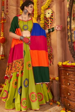 Florescent Green Viscose Cotton Thread Embroidered Navratri Chaniya Choli
