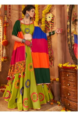 Florescent Green Viscose Cotton Thread Embroidered Navratri Chaniya Choli