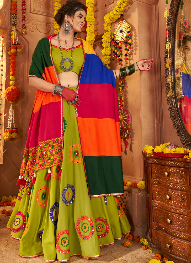Florescent Green Viscose Cotton Thread Embroidered Navratri Chaniya Choli Florescent Green Viscose Cotton Thread Embroidered Navratri Chaniya Choli