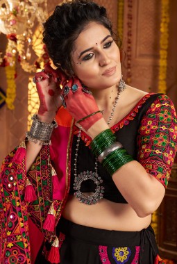Black Viscose Mirror Embroidered Navratri Chaniya Choli