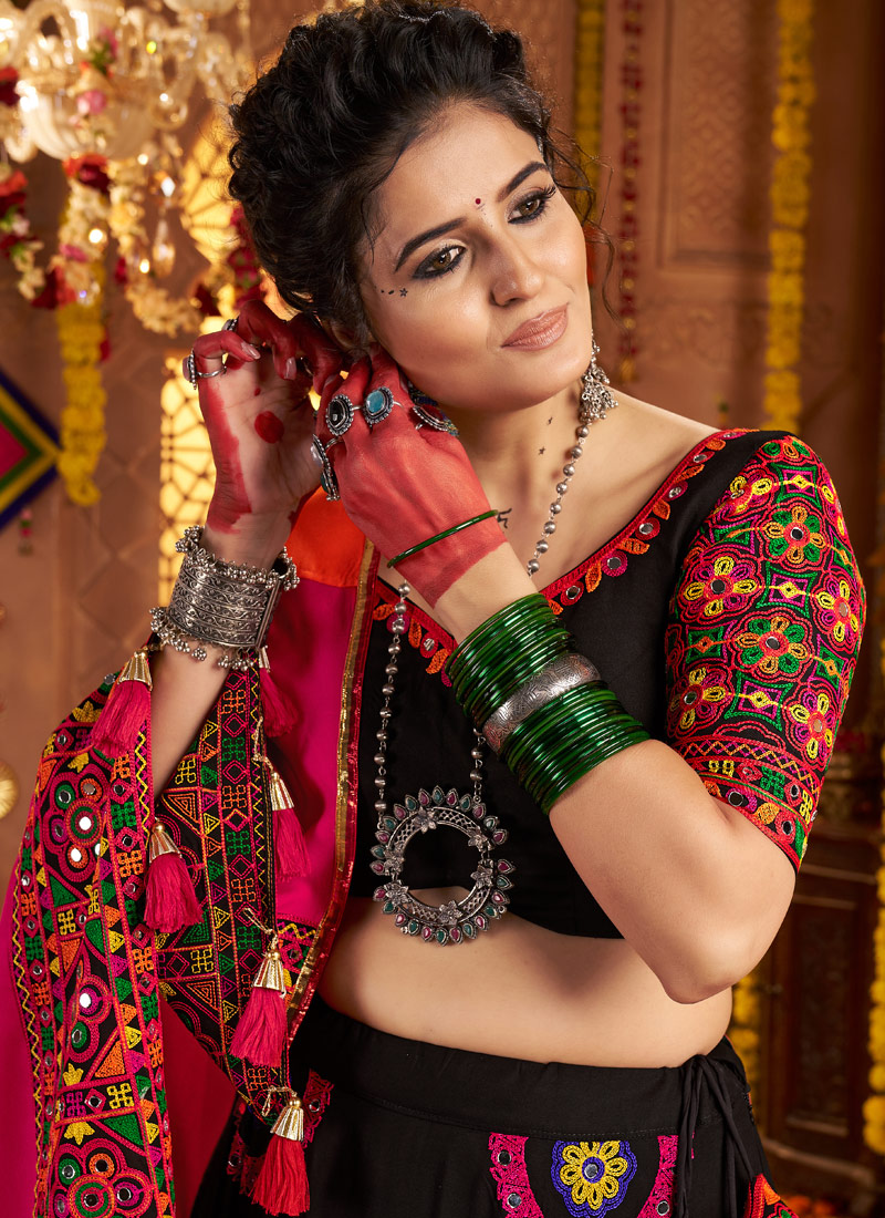 Black Viscose Mirror Embroidered Navratri Chaniya Choli