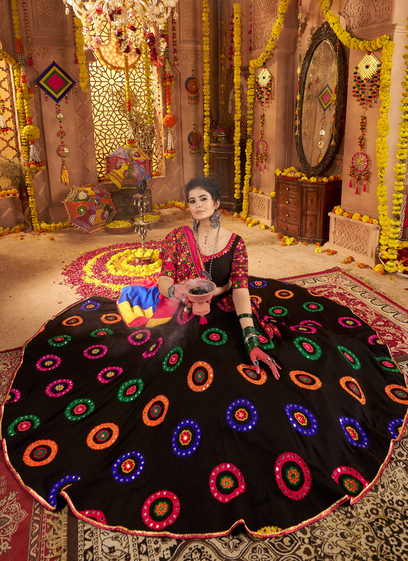Black Viscose Mirror Embroidered Navratri Chaniya Choli