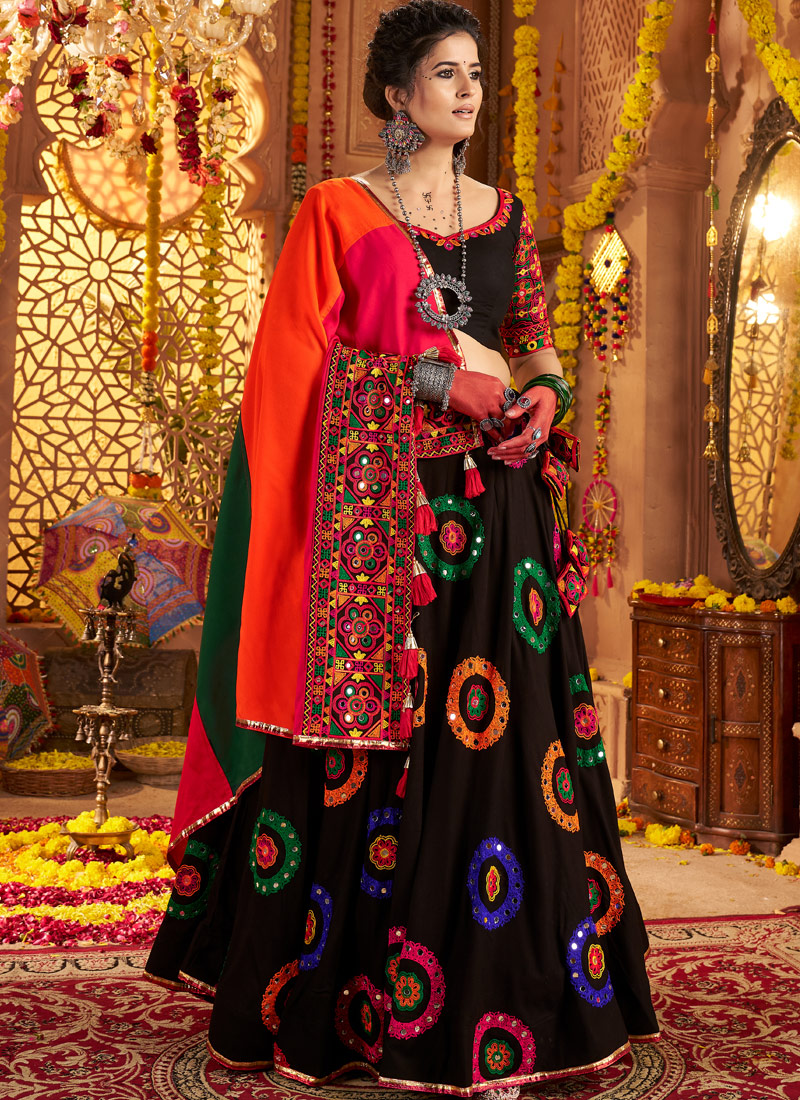 Black Viscose Mirror Embroidered Navratri Chaniya Choli