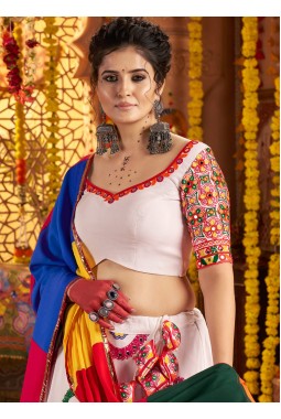 White Viscose Cotton Thread Embroidered Navratri Chaniya Choli