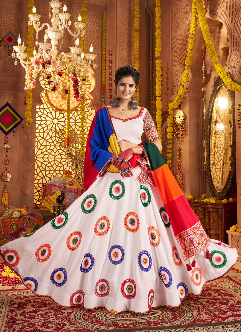 White Viscose Cotton Thread Embroidered Navratri Chaniya Choli White Viscose Cotton Thread Embroidered Navratri Chaniya Choli
