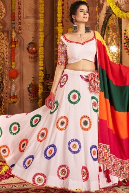 White Viscose Cotton Thread Embroidered Navratri Chaniya Choli