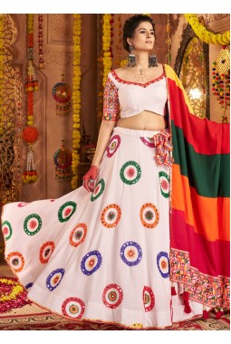 White Viscose Cotton Thread Embroidered Navratri Chaniya Choli