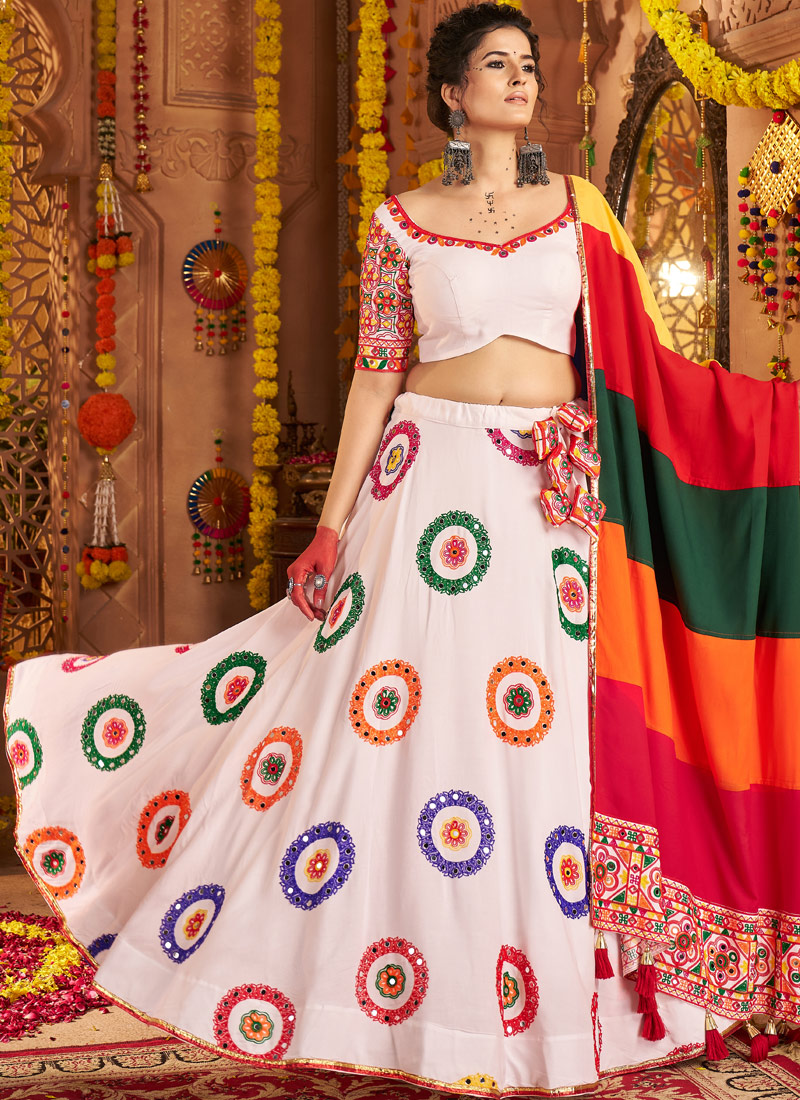White Viscose Cotton Thread Embroidered Navratri Chaniya Choli White Viscose Cotton Thread Embroidered Navratri Chaniya Choli