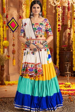 Multi Color Viscose Cotton Thread Mirror Work Navratri Chaniya Choli