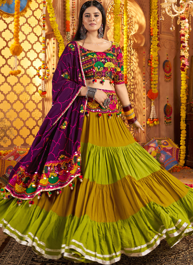 Multi Color Viscose Cotton Mirror Work Navratri Chaniya Choli Multi Color Viscose Cotton Mirror Work Navratri Chaniya Choli