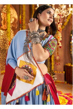 Light Blue Viscose Cotton Thread Embroidered Navratri Chaniya Choli