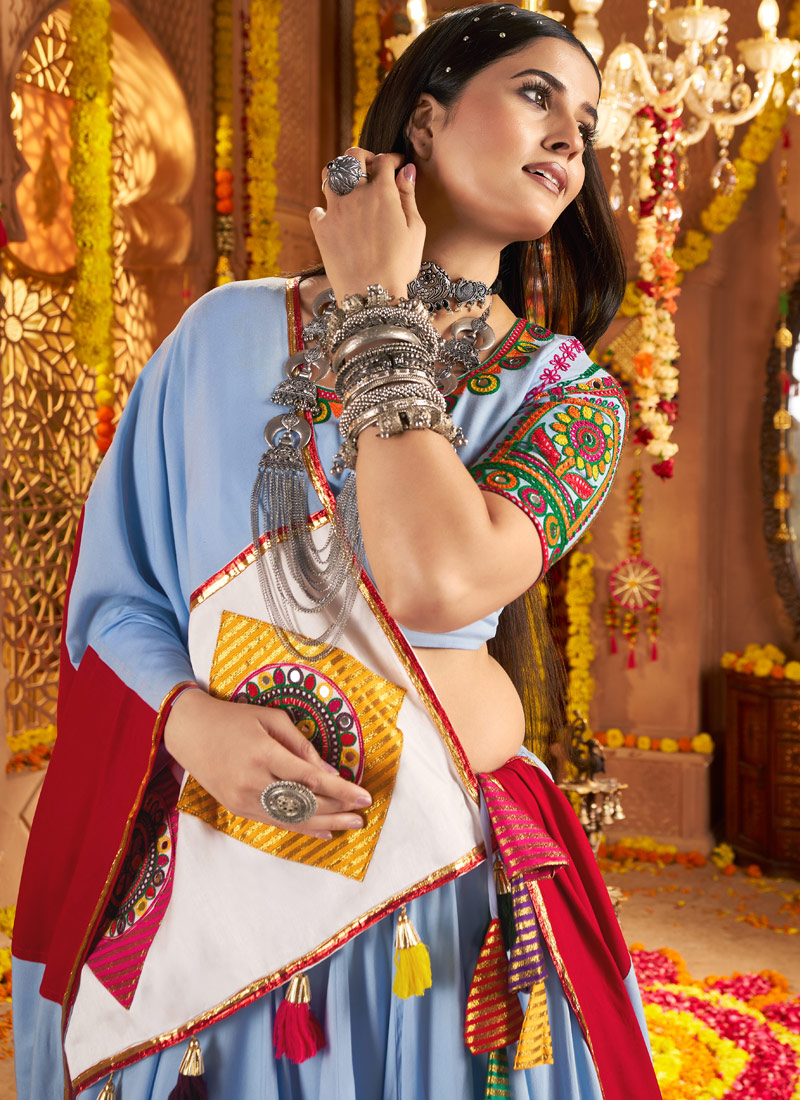 Light Blue Viscose Cotton Thread Embroidered Navratri Chaniya Choli