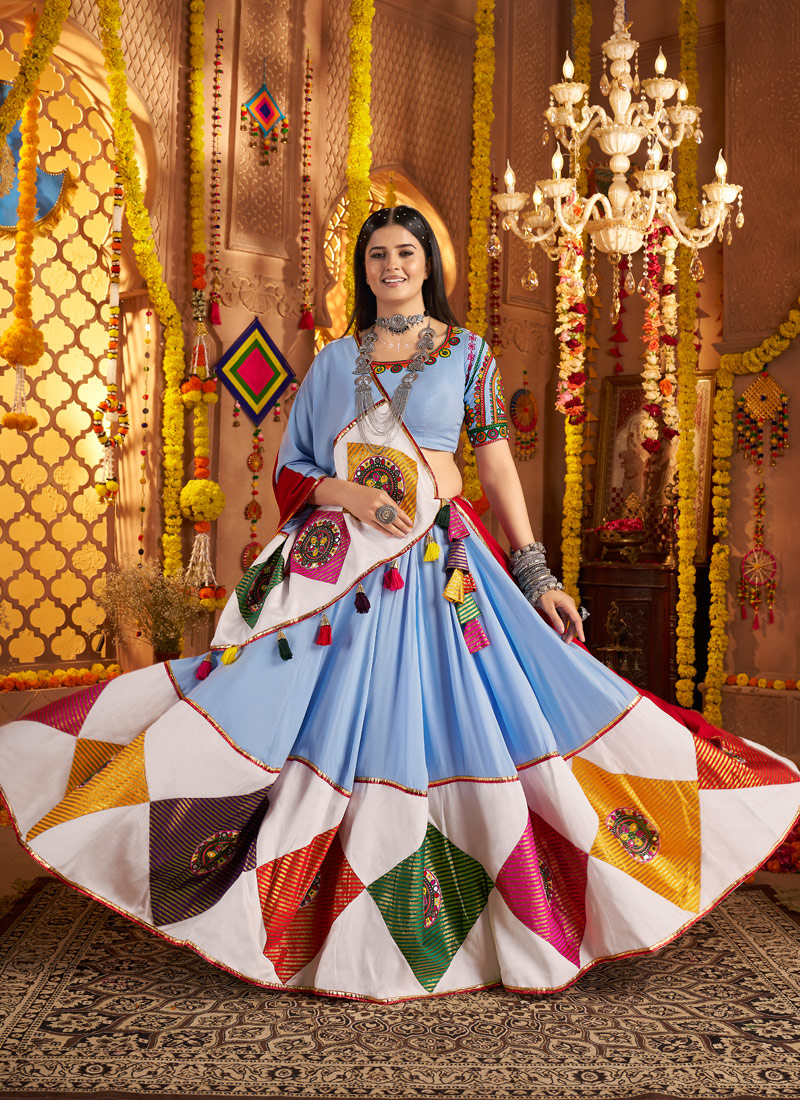Light Blue Viscose Cotton Thread Embroidered Navratri Chaniya Choli