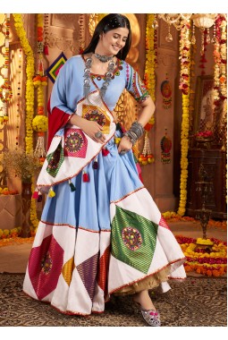 Light Blue Viscose Cotton Thread Embroidered Navratri Chaniya Choli