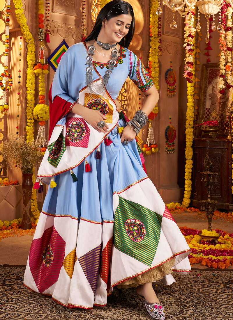 Light Blue Viscose Cotton Thread Embroidered Navratri Chaniya Choli