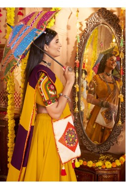 Mustard Yellow Viscose Cotton Thread Embroidered Navratri Chaniya Choli