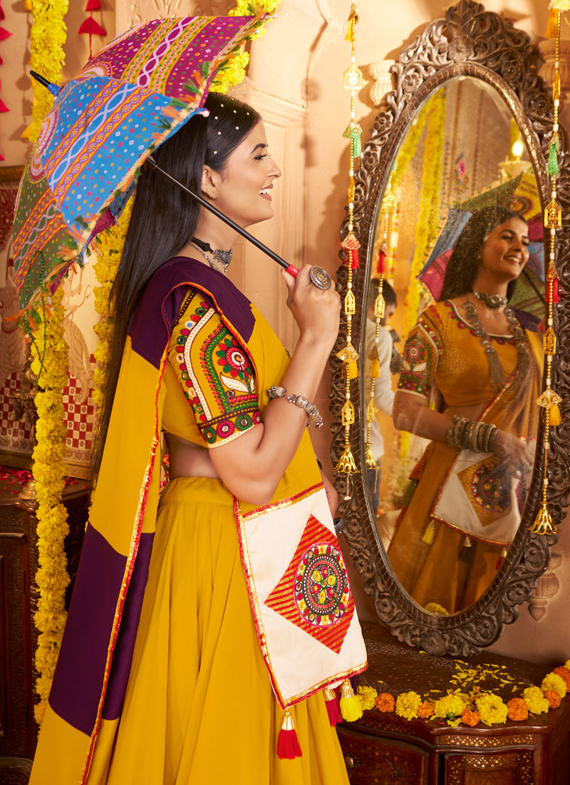 Mustard Yellow Viscose Cotton Thread Embroidered Navratri Chaniya Choli