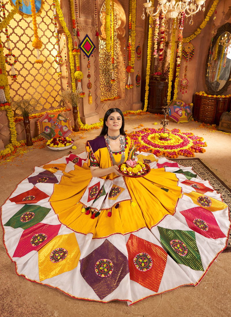 Mustard Yellow Viscose Cotton Thread Embroidered Navratri Chaniya Choli