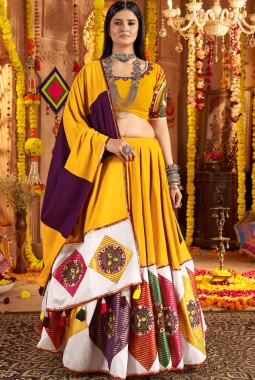 Mustard Yellow Viscose Cotton Thread Embroidered Navratri Chaniya Choli