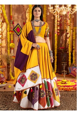 Mustard Yellow Viscose Cotton Thread Embroidered Navratri Chaniya Choli