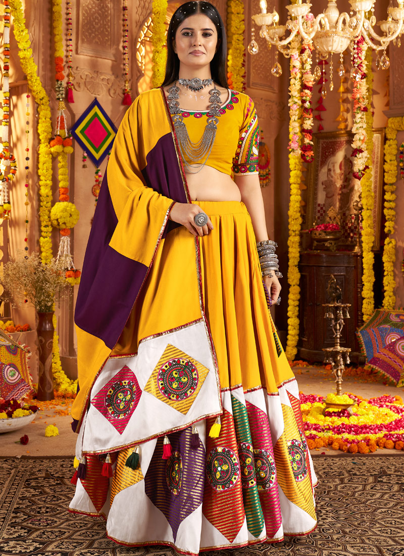 Mustard Yellow Viscose Cotton Thread Embroidered Navratri Chaniya Choli