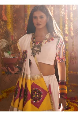 White Viscose Cotton Thread Embroidered Navratri Chaniya Choli