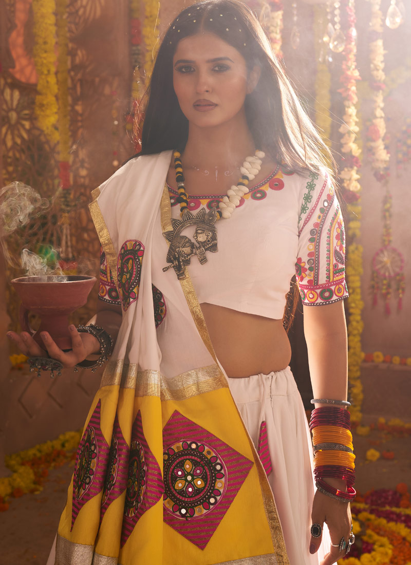 White Viscose Cotton Thread Embroidered Navratri Chaniya Choli