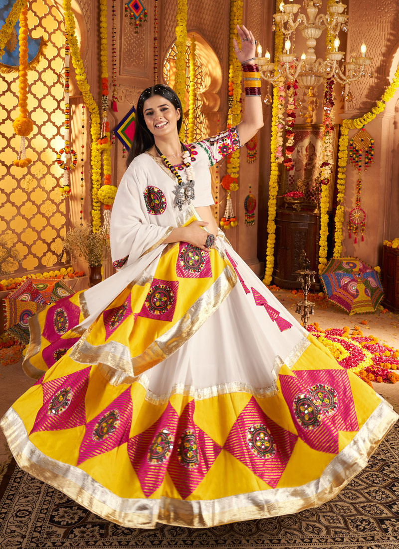 White Viscose Cotton Thread Embroidered Navratri Chaniya Choli