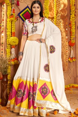 White Viscose Cotton Thread Embroidered Navratri Chaniya Choli