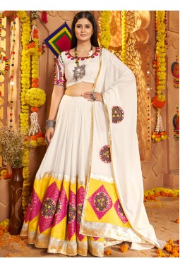 White Viscose Cotton Thread Embroidered Navratri Chaniya Choli