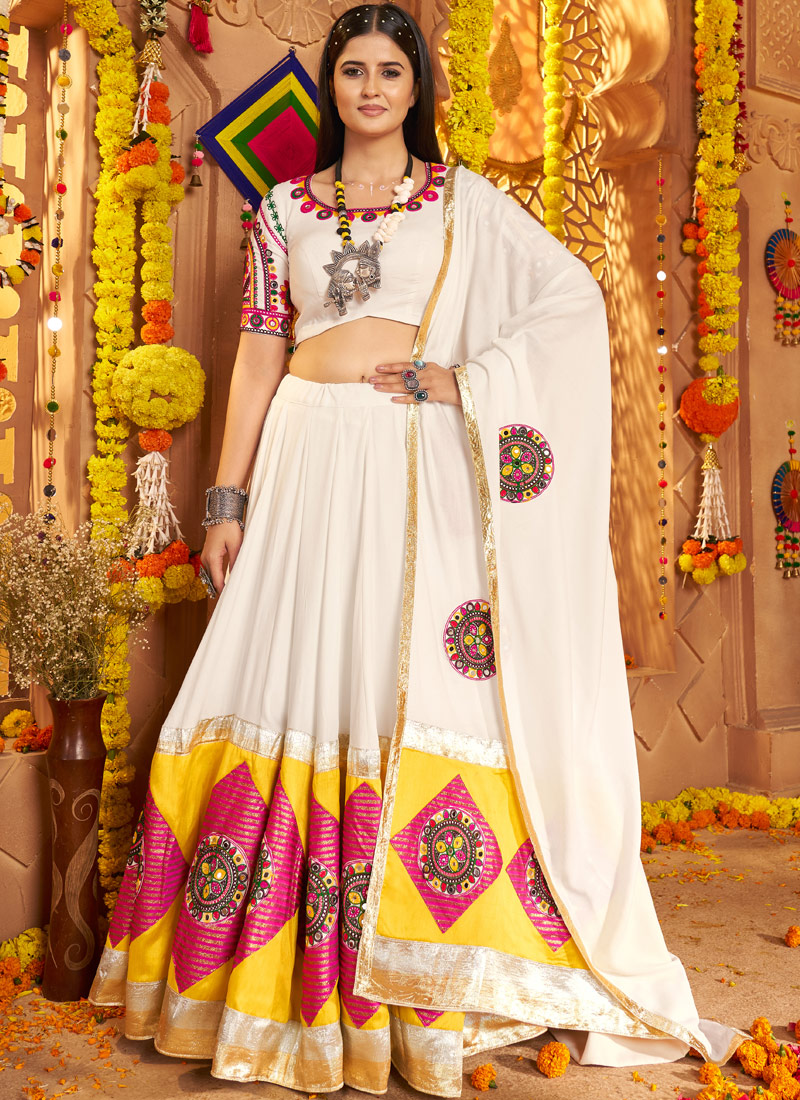 White Viscose Cotton Thread Embroidered Navratri Chaniya Choli