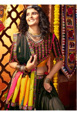 Black Gajji Silk Digital Print Navratri Chaniya Choli