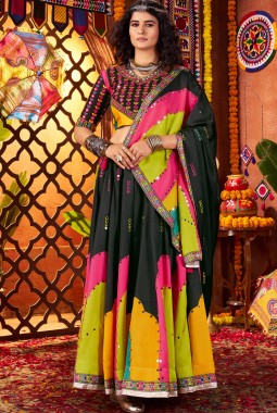 Black Gajji Silk Digital Print Navratri Chaniya Choli