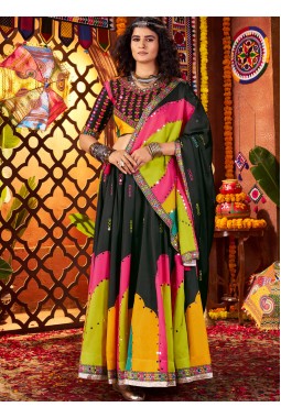 Black Gajji Silk Digital Print Navratri Chaniya Choli