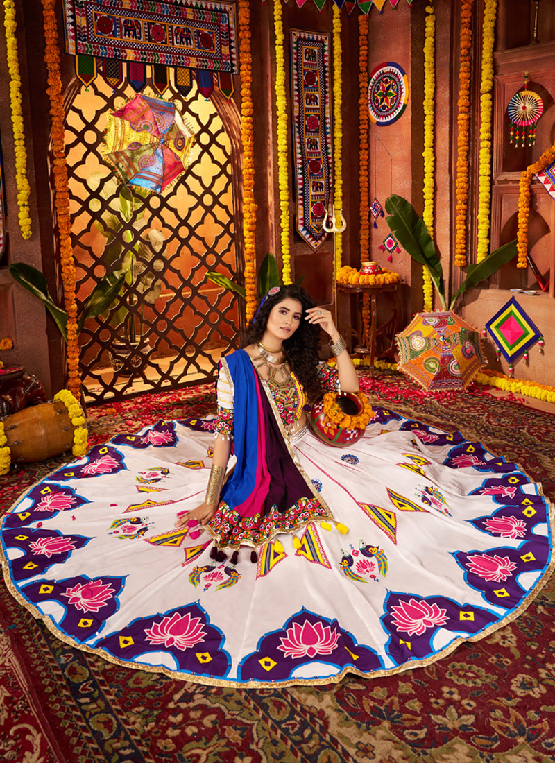 White Gajji Silk Mirror Work Navratri Chaniya Choli