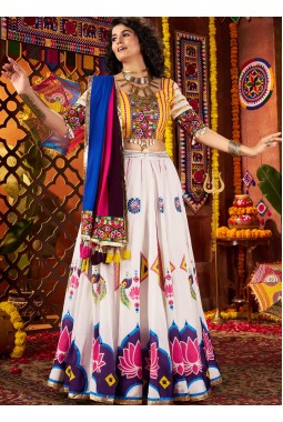 White Gajji Silk Mirror Work Navratri Chaniya Choli