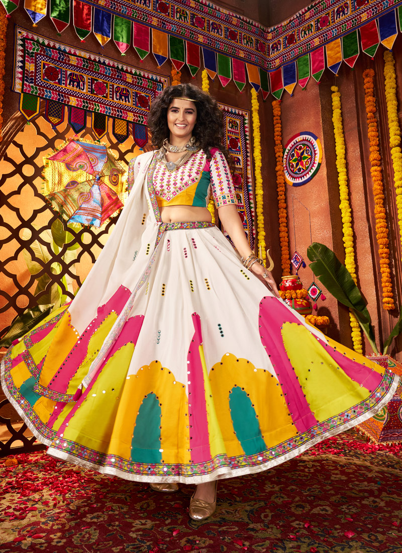 White Gajji Silk Mirror Work Navratri Chaniya Choli White Gajji Silk Mirror Work Navratri Chaniya Choli
