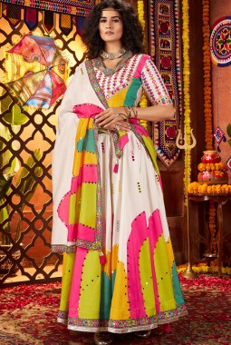 White Gajji Silk Mirror Work Navratri Chaniya Choli