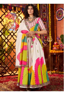 White Gajji Silk Mirror Work Navratri Chaniya Choli