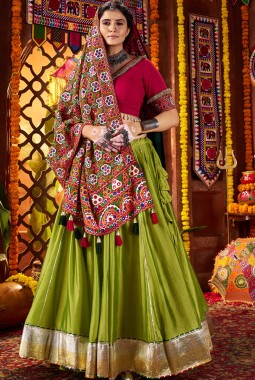 Fluorescent Silk Thread Embroidered Navratri Chaniya Choli