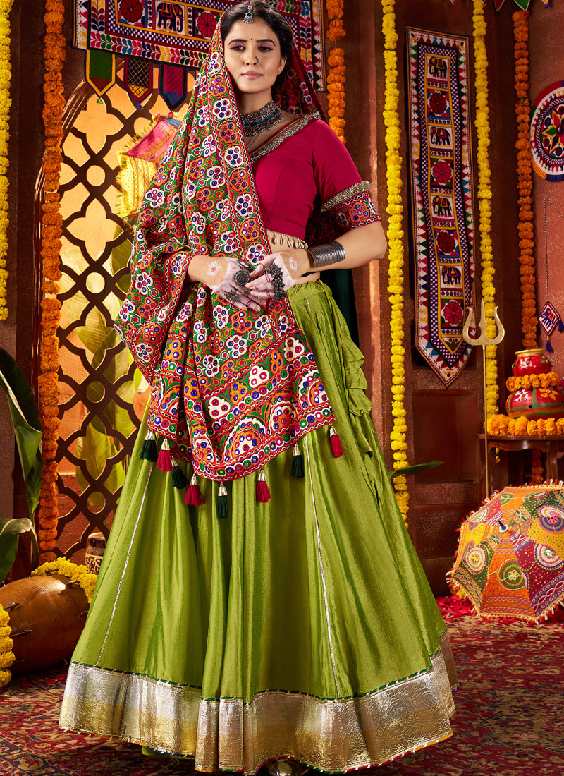 Fluorescent Silk Thread Embroidered Navratri Chaniya Choli Fluorescent Silk Thread Embroidered Navratri Chaniya Choli