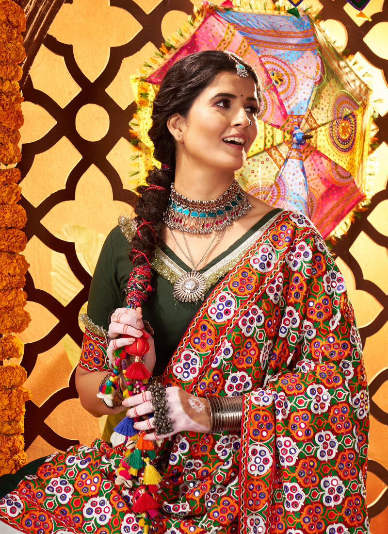 White Silk Mirror Embroidered Navratri Chaniya Choli