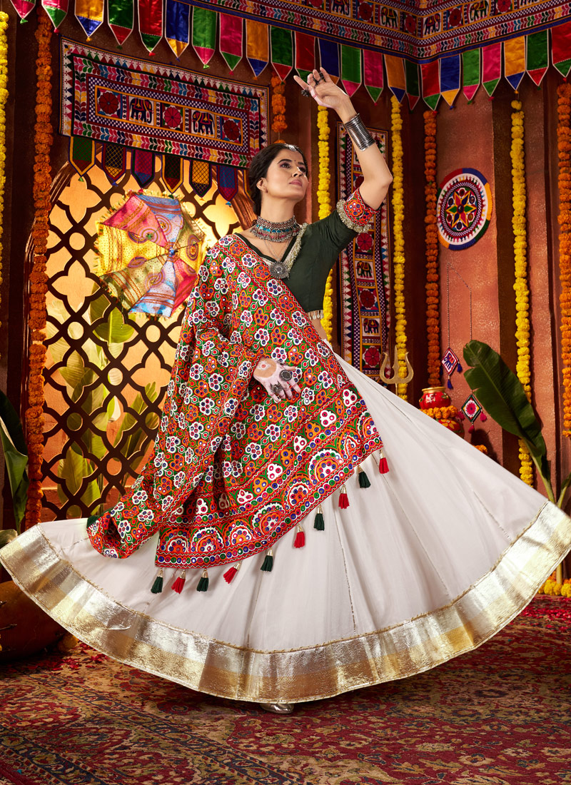 White Silk Mirror Embroidered Navratri Chaniya Choli