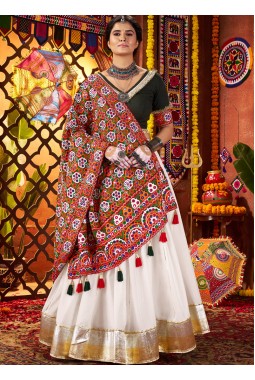 White Silk Mirror Embroidered Navratri Chaniya Choli