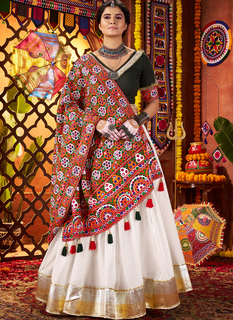 White Silk Mirror Embroidered Navratri Chaniya Choli