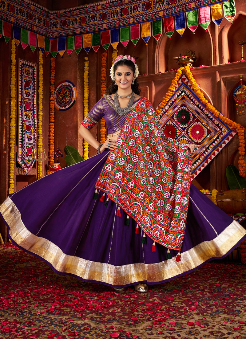 Purple Silk Thread Embroidered Navratri Chaniya Choli