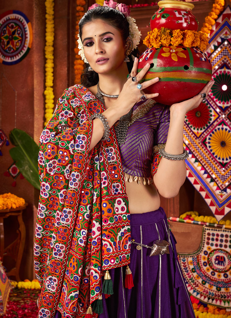 Purple Silk Thread Embroidered Navratri Chaniya Choli
