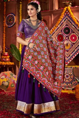 Purple Silk Thread Embroidered Navratri Chaniya Choli